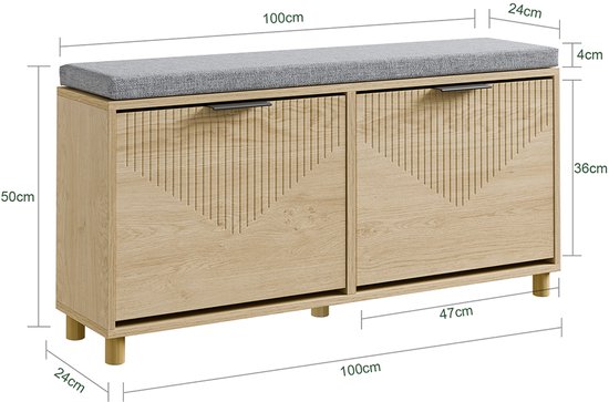 SoBuy - Banc à chaussures avec rangement - Chêne clair - 100x24x50 cm - 2 portes - Charge max. 237 kg