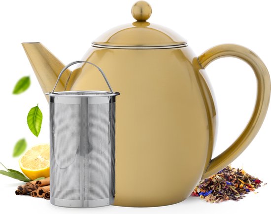 Vaja® Théière Valérie Gold - Double paroi - 1,2 litre - Théière en acier inoxydable avec filtre et porte-bouilloire