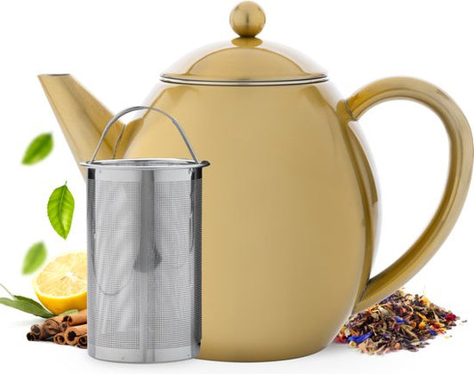 Vaja® Théière Valérie Gold - Double paroi - 1,2 litre - Théière en acier inoxydable avec filtre et porte-bouilloire