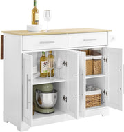 SoBuy FKW129-WN Chariot de cuisine sur roulettes - Ilot de cuisine avec plan de travail coulissant, 2 tiroirs et étagères réglables - Chariot de cuisine mobile ou meuble de table à manger, blanc 113x91x(44-69) cm