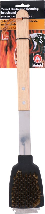 BBQ Collection Brosse et grattoir pour barbecue - Fonction 2 en 1 - 44 cm - Manche en chêne/ acier inoxydable