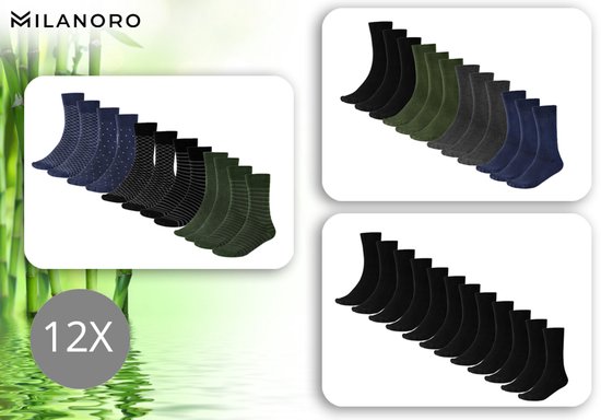 Milanoro - 12 paires de chaussettes en bambou doux pour femmes et hommes - Noir - 35-38