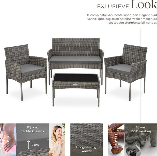 tectake® - Ensemble de jardin en osier Palese - Groupe de sièges pour 4 personnes - Ensemble de meubles de jardin avec banc de salon, table de jardin et 2 chaises de jardin, y compris les coussins d'assise - Meubles de jardin - Résistant à l'eau - Gris