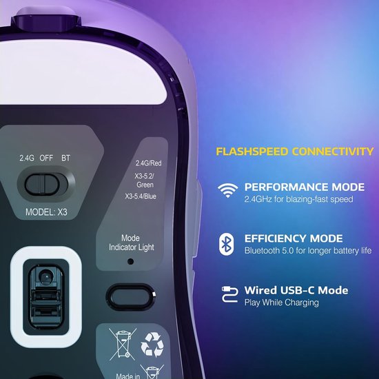 ATTACK SHARK X3 Wireless Gaming Mouse - Filaire/2.4G/BT5.4 - Léger 49G - PAW3395 - 26000DPI - Blanc