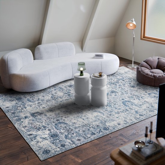 tectake® Tapis au design vintage - Tapis à poils ras - Tapis Boho - Pour le salon, la chambre à coucher, la chambre d'enfant ou d'adolescent - Lavable - 240cm x 340cm - bleu
