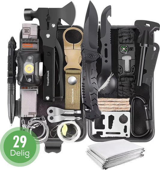 Travelhawk Survival kit - Couteau de survie - Kit de survie pour l'extérieur - Set de survie - 29 pièces - Avec étui de transport
