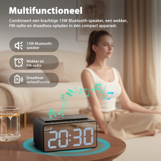 Réveil numérique - avec radio, Bluetooth et chargeur sans fil - Réveil radio - Fonction Snooze - Noir - by Faas