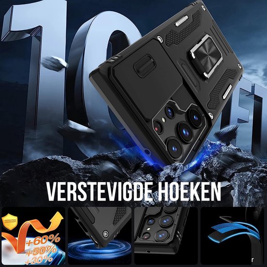 Podec Case with Screen Protector - Suitable for Samsung Galaxy S23 Ultra - Black Phone Case - Anti-Shock Case - Hybrid Armor Case with Kickstand Ring