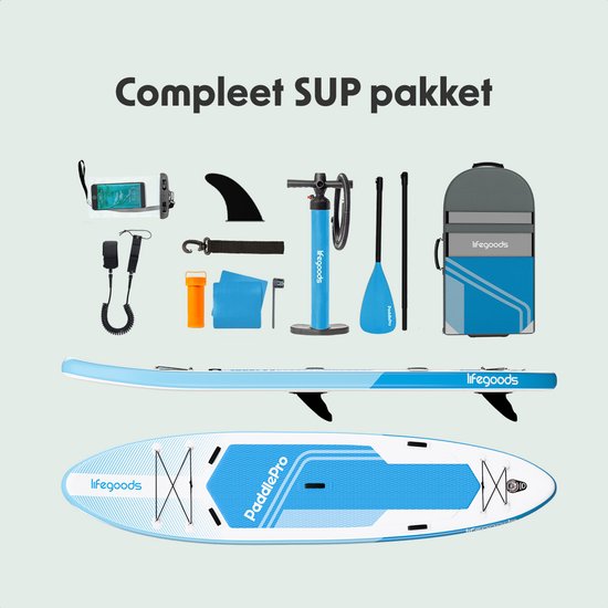 LifeGoods SUP Board Tandem - 2 personnes - 220 KG de capacité de charge - 381 x 86 cm - Gonflable - Pack Sup complet - Bleu ciel