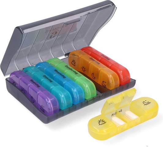 Pilulier Gandria 7 jours - Pilulier amovible - Boîte à médicaments avec 28 compartiments - Boîte à médicaments avec fermeture solide - 4 compartiments par jour - 7 couleurs