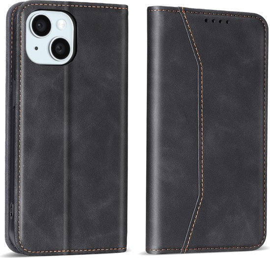 Podec Case with Card Holder Suitable for iPhone 15 Black Phone Case - Anti-Shock Bookcase Cover with 1x Screen Protector - Wallet Case