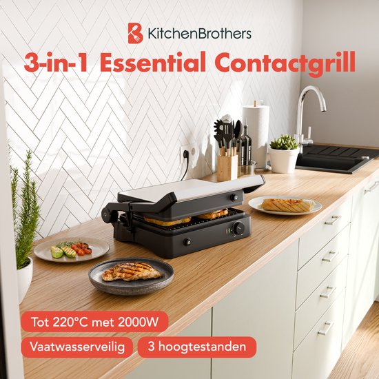 KitchenBrothers Contact Grill - Appareil à griller - Plaques de gril amovibles - Gril à panini - 3 réglages de hauteur - Fer à toasti - 2000W - acier inoxydable
