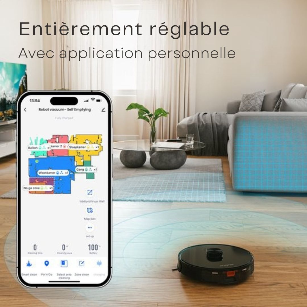 Robot Aspirateur Auronic - Avec fonction balayage - WiFi et App - Station de charge - Animaux domestiques - Navigation laser - Noir