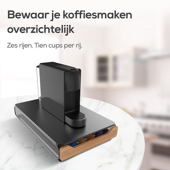 KitchenLove Porte-capsules Nespresso - Porte-tasses - Avec tiroir - Pour tasses à café - 60 tasses - Noir avec bois de bambou