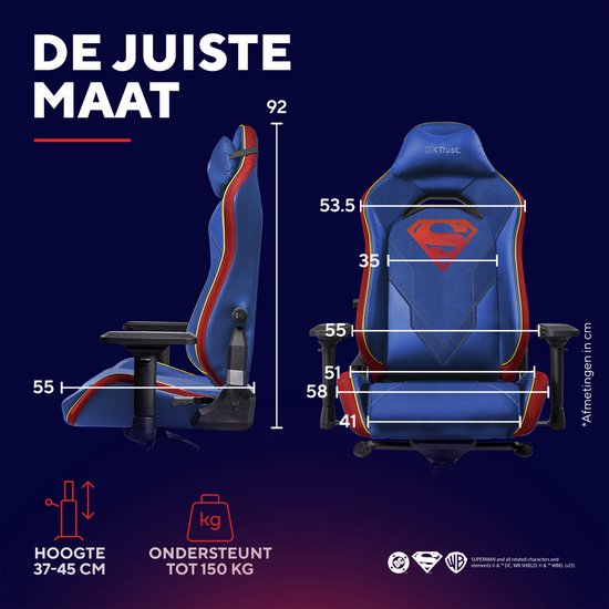 Trust GXT 721SM Ruya Pro Superman Edition - Premium Gaming Chair - Coussin pour la nuque - Support dorsal réglable - Hauteur réglable - Dossier et accoudoirs réglables - Superman Blue