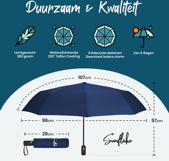 Parapluie pliable - Résiste à la tempête jusqu'à 140km/h - Pliage automatique - Housse de protection et pochette de voyage incluses - Bleu - Sunflake