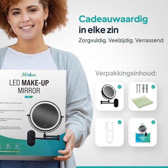 Mirlux Miroir de maquillage avec éclairage Led - rechargeable - grossissement 5X - miroir grossissant avec lumière - miroir de rasage - miroir de salle de bain - noir