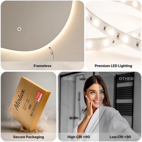 Mirlux Miroir de salle de bain avec éclairage LED et chauffage - Miroir mural asymétrique - Miroir de douche anti-condensation - 100x62.5CM