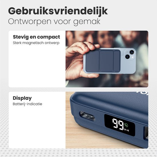 Auronic Powerbank - 10000 mAh - Convient à l'iPhone 12/13/14/15 et MagSafe - 22.5W - Chargement sans fil - Bleu