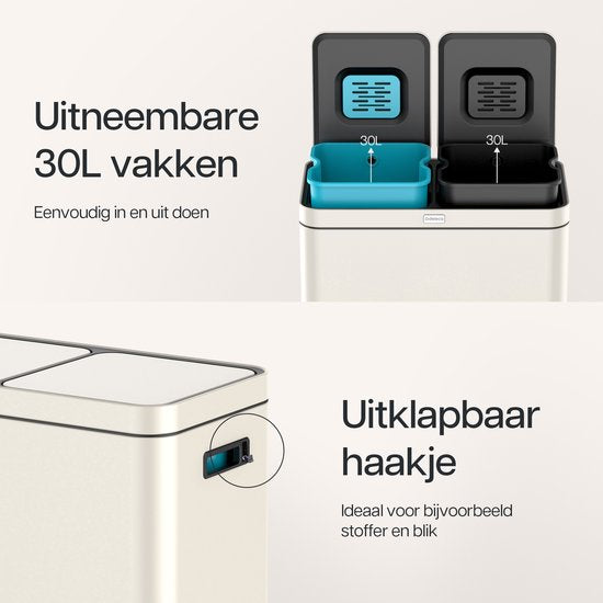 Deleca Recycle Bin with 2 Compartments - 60 Litres (2x30) Waste Bin - Waste Separation / Deposit Container / Pedal Bin - Garbage Bin with FreshAura Odour Control - Slow Close - Stainless Steel Cream White