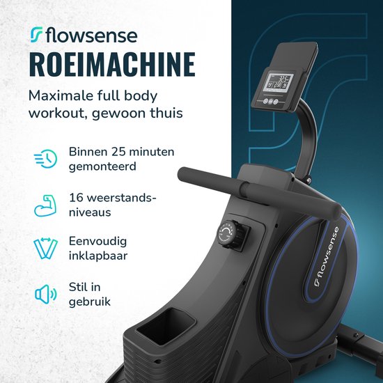 Rameur Flowsense - Rameur pliable - Silencieux - Rameur magnétique - Entraîneur de rame - 16 niveaux de résistance - Moniteur LCD
