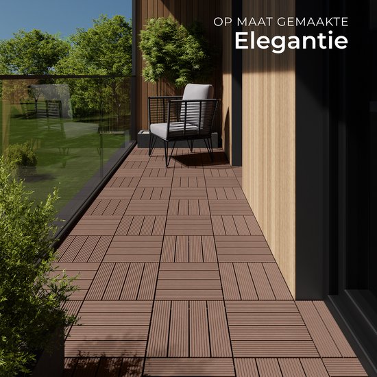 tectake® WPC wood tiles - Dalles aspect bois - Résistant aux intempéries - Sol extérieur - Dalles de sol - Sol de balcon - Dalles de terrasse avec système click - Drain - Lot de 11 - Marron