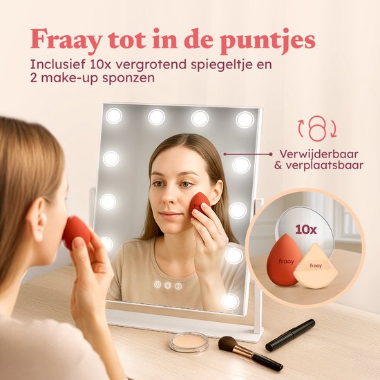 Fraay® Hollywood Mirror with Lighting 41x30cm - 3 Light Stages - Make-up Mirror with 10x Magnification Mirror - LED Spot Lighting Dimmable - Incl. Beauty Blenders and Powder puff