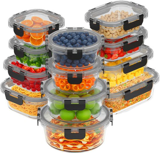 KitchenBrothers Meal Prep Trays Set - Glass Food Storage Trays - Airtight - BPA Free - Freezer Trays - Storage Trays - 6.79L - Glass - 12 Pieces