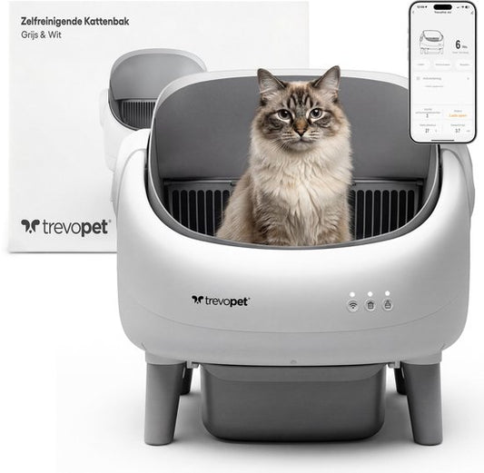 TrevoPet® Air - Bac à litière automatique avec application - autonettoyant et sûr - pour chats jusqu'à 12 kg - tapis, 60 sacs à déchets et accessoires inclus - poubelle de 10 litres - blanc et gris