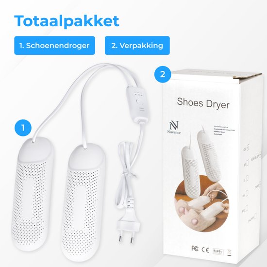 Nuvance - Séchoir à chaussures - Séchoir à chaussures avec minuterie - Rafraîchisseur de chaussures - Fonction de séchage - Blanc