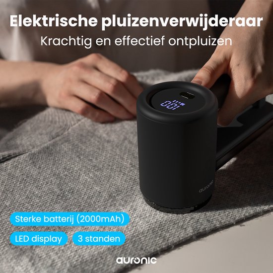Auronic Electric Lint Remover Pro - Tondeuse à peluches - Rechargeable - Affichage LED - 3 étapes - Défoliateur - Noir