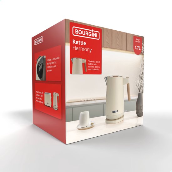 Bourgini Harmony - Bouilloire - acier inoxydable - Crème avec éléments en hêtre véritable - 1.7L - Light design