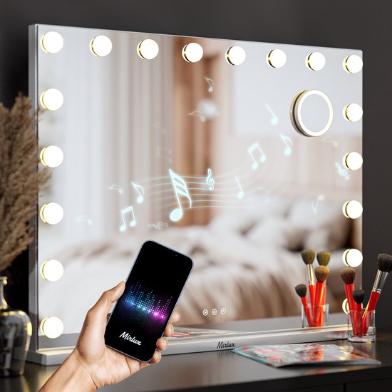 Mirlux Grand miroir hollywoodien 80x60CM - 2 haut-parleurs Bluetooth - ports de charge USB & USB-C - éclairage LED - miroir de maquillage - zoom 10x - à suspendre - blanc