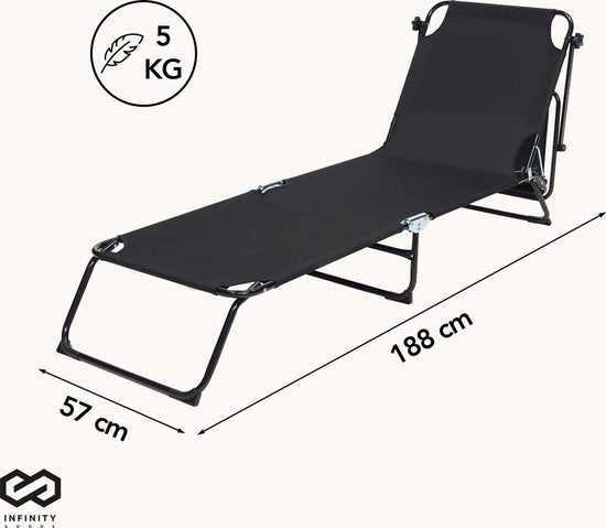 Infinity Goods Ligbed Met Zonnescherm - Opvouwbaar - Set van 2 - Zonnebed - Ligstoel - Verstelbaar - Tuin - Weerbestendig - Zwart