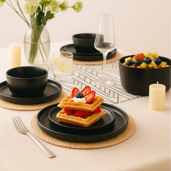 Luft Service de table 6 personnes - Service d'assiettes - Bols - Assiettes plates - Moderne - Faïence massive, céramique - Noir mat - 18 pièces