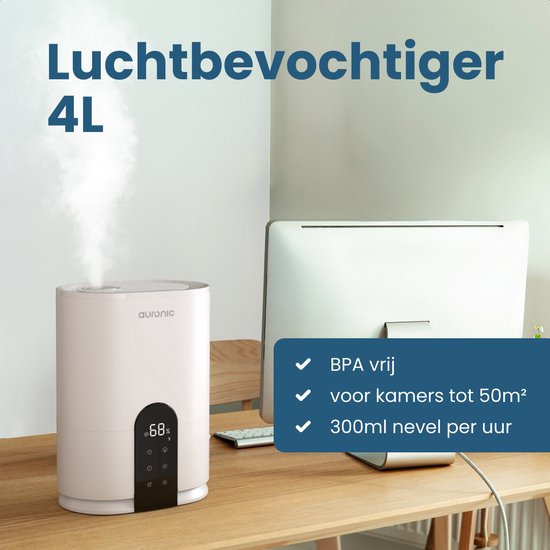 Humidificateur Auronic - 4 litres - 40m2 - Convient au salon, au bureau, à la chambre à coucher, à la chambre de bébé et plus encore - Avec aromathérapie - Sans BPA - Blanc