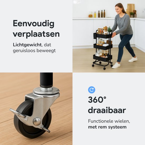 Chariot de cuisine à roulettes - 3 étages - Chariot de cuisine - Chariot de service - Armoire - Chariot - Rangement - Armoires de douche sur pied - Rack - Noir - Luft