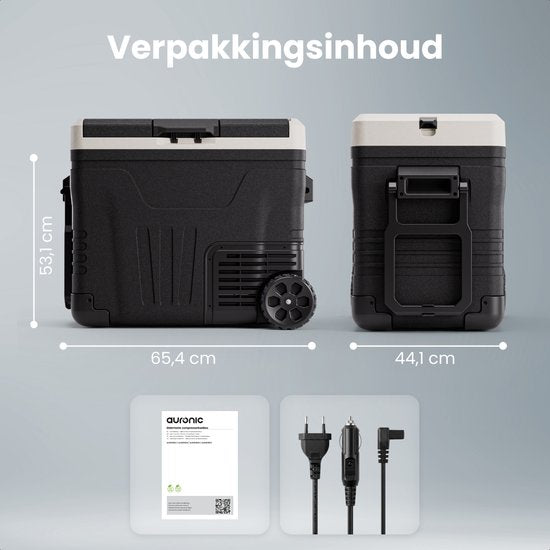 Auronic Electric Cool Box - Compresseur - 2 Zones - 45L - 12/24V et 240V - Réfrigération et congélation - Réfrigérateur de camping - Frigobox Auto - Avec roues et poignée - Noir