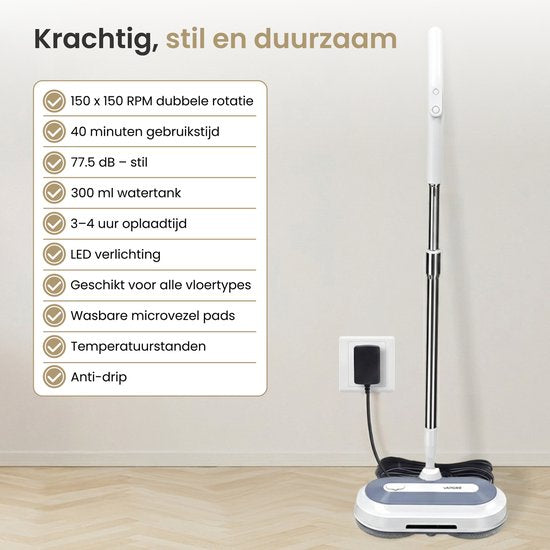 Vapore Electric Mop Cordless - 150×150 RPM Dual Rotation - 40 min Battery - LED Lighting - Floor Cleaner - All Hard Floors - Quiet 77.5 dB - Mopping System with Spray