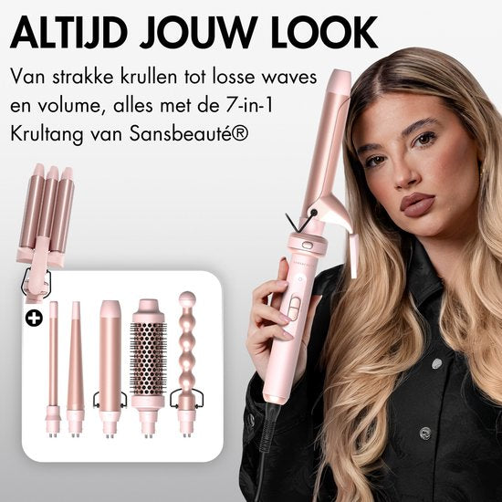 Sansbeauté® 7 en 1 Fer à boucler avec pince et gaufrier - Fer à boucler en céramique - 13mm à 38mm - Fer à gaufrer - Brosse pour sèche-cheveux cheveux courts - Brosse chauffante - Fer à boucler - Brosse thermique - Styler les cheveux - Brosse à boucler 5