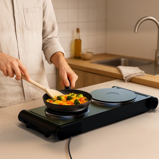 Table de cuisson électrique KitchenBrothers - 2 brûleurs - pose libre - 7 réglages de température - 1500W + 1000W - Noir