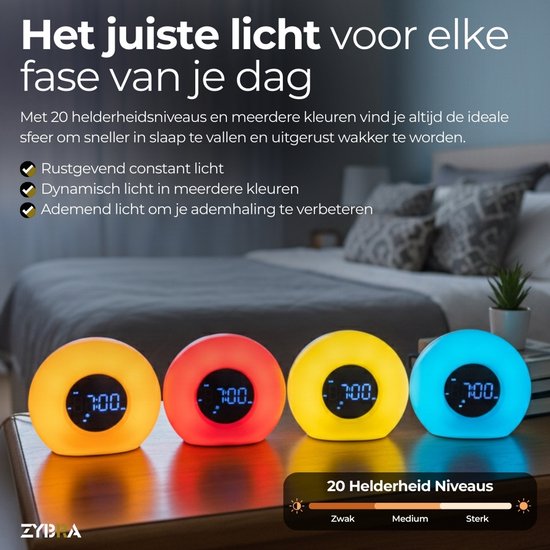 Zybra® Premium Wake Up Light - Réveil numérique - Alarme lumineuse - Veilleuse - Réveil - 20 niveaux de luminosité - 25 sons de bruit blanc - Manuel néerlandais inclus