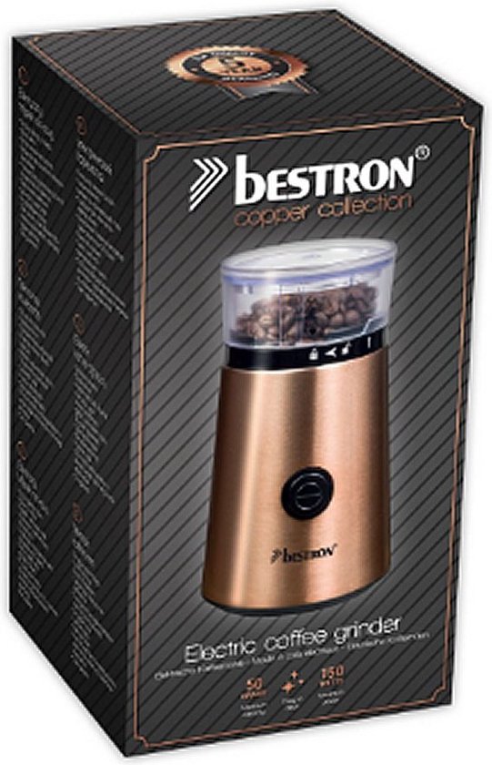 Bestron ACG1000CO Moulin à café électrique - 150W - Couteaux en acier inoxydable - Capacité de 50g - Couleur cuivre - Pour grains de café et épices - Garantie 5 ans