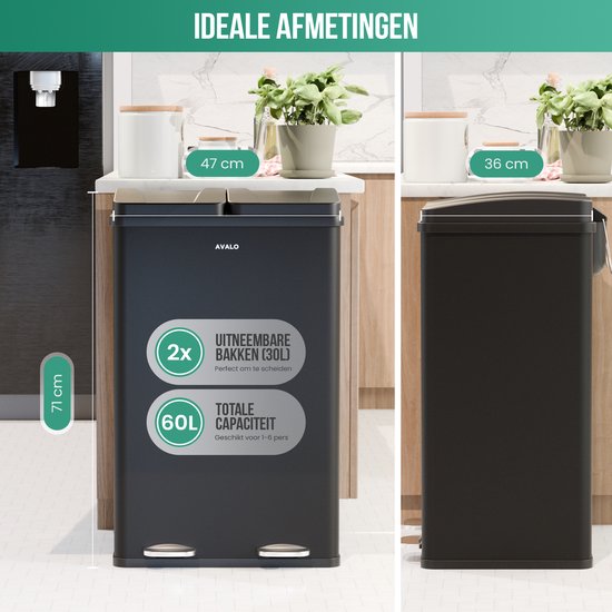 Avalo Trash Bin Waste Separation 60 Liter - Stainless Black - 2 Compartments - Environmentally Conscious, Hygienic & Fingerprint-Free - Pedal bin / Trash can