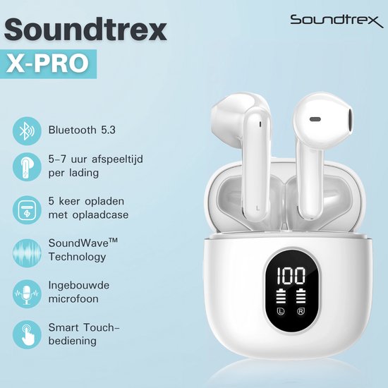 Soundtrex X-Pro Wireless Earphones - Ecouteurs Bluetooth - Earpods sans fil - Ecran LED - Bluetooth 5.3 - Blanc