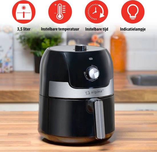 alpina Airfryer 3.5L - Friteuse à air chaud 2 à 3 personnes - Friteuse à air avec température réglable de 80 à 200°C - Four à air chaud Minuteur jusqu'à 60 minutes - 1400W - Noir