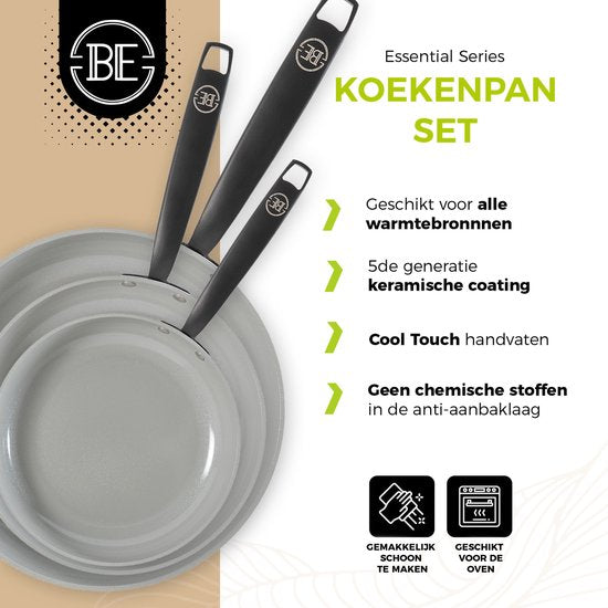 BE Living 3-Piece Frying Pan Set - Ø 20, 24 & 28 cm - Poêle à frire - Céramique - Antiadhésif sans PFAS - Poêle à frire à induction - Blanc - Essential Series