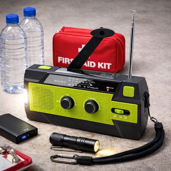 Radio d'urgence 2026 - Kit radio d'urgence classique - Vert - Radio d'urgence avec lampe de poche - Radio à piles - Banque d'énergie solaire - Radio d'urgence rembobinable - Kit d'urgence - Dynamo solaire - Radio de survie - Noir