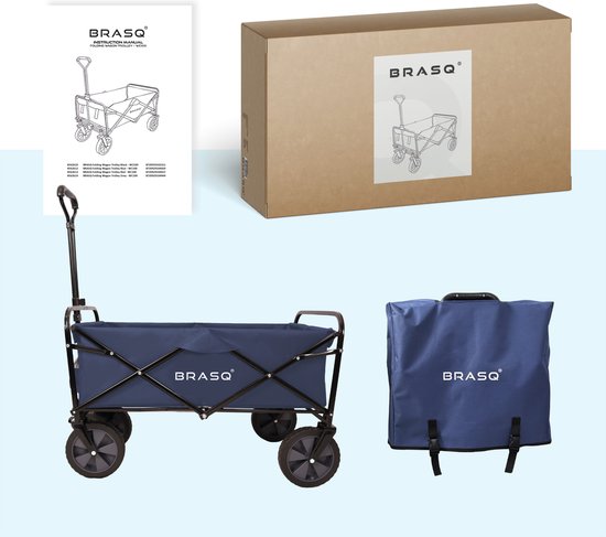 BRASQ Chariot pliable - 100 litres - Capacité 80 KG - Roues pivotantes avec frein - 90x51x100 CM - Poignée réglable - Chariot pliable - Compact - Bleu