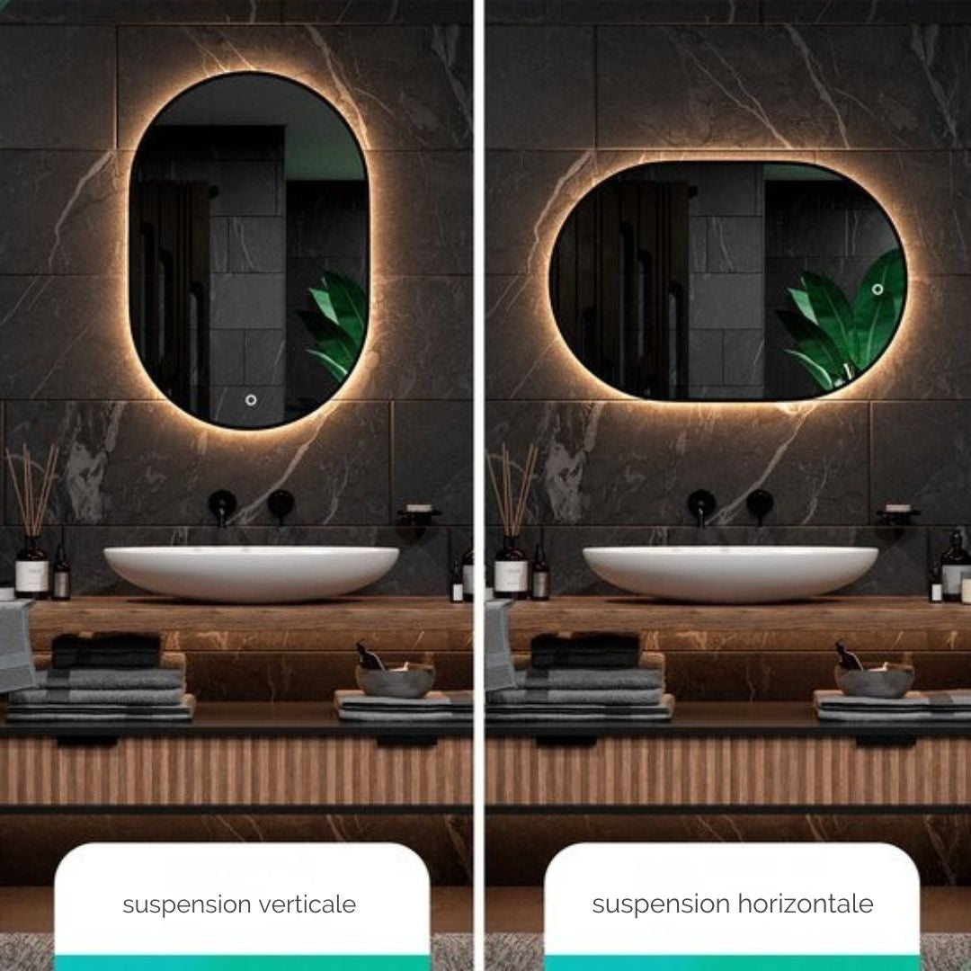 Miroir de salle de bain ovale - Mirlux - 90x60 cm - Eclairage et chauffage LED - anti-buée - Noir
